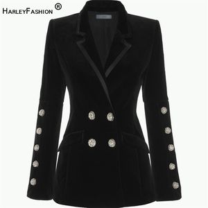 Harleyfashion tendendo outono inverno entalhado diamantes requintados botões top qualidade preto chique de veludo blazer casacos casuais 211122