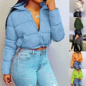 Women Long Sleeve Puffer Jacket Zip Up Solid Color Drawstring Hem Cropped Coat 211013