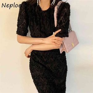 O Neck Pullover Krótki Rękaw Czarny Sukienka Kobiety Wysoka Talia Hip a Line Vestidos Lato Wszystkie Dopasuj Slim Robe 210422