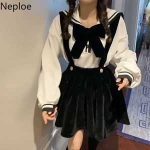 NEPLOE Preppy Style Två Piece Outfits För Kvinnor Vit Skjorta Toppar Velvet Pläterad Klänning Ropa Mujer Koreansk Söt kostym 2 Piece Set 210422