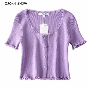 Retro O neck Spliced Wood ears Lace Buttons Short sleeve Sweater Women French Knitted Tight Cardigan Slim Cropped 210429