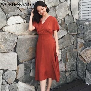 Summer Red High Waist Fashion Womens Elasticity Wasit Sexy V Neck Loose Casual Chiffon Dress Short Dresses E026 210603