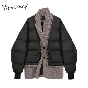 Yitimuceng Patchwork Parkas Winter Coat Women Spliced Houndstooth Elegant Korean Fashion Single Breasted Jacket Spring Black 210601