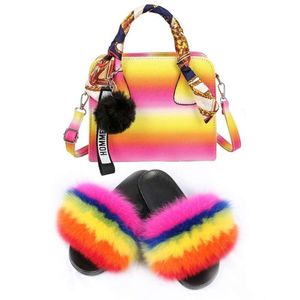 Women Shoes Real Fur Slides and Jelly Purse Set Exquisite Handbag ry Sandals Ladies Party Big with Bags 210928