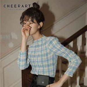 CheerArt Plaid T Shirt Women Permanent Pleat Vintage Långärmad Beskära Top Tee Femme Underkläder Kläder 210623