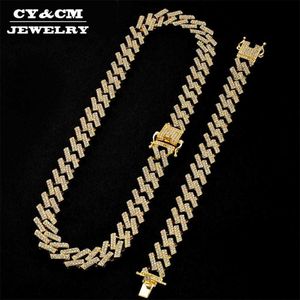 Collana Miami Fork, oro e argento, 15mm, catena Cuba, 2 file di diamanti di ghiaccio, bracciale da uomo, gioielli hip-hop Q0809