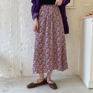 Röcke Vintage Blumendruck Rüschen Chiffon Lila Gefaltete Lange Frauen Koreanische Rock Streetwear Kordelzug Elastische Taille Midi Rock1