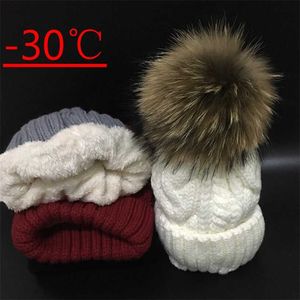 Women's hats Add velvet Fleece Inside Beanies Winter Hats for women 100% Raccoon Fur Pompom Hat Female Twist pattern caps 211228