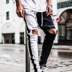 QNPQYX Herren Biker Jeans Frühling Knie Löcher Zerrissene Schwarz Weiß Patchwork Jean Hosen Stilvolle Streetwear Für Männer