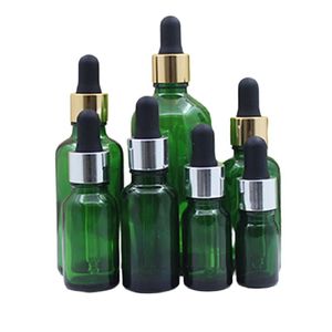 Grüne Flasche für ätherische Öle, schwarzer Gummideckel, glänzender Gold- und Silberring, leere Kosmetikverpackung, Essenzglas-Tropffläschchen, 5 ml, 10 ml, 15 ml, 20 ml, 30 ml, 50 ml, 100 ml
