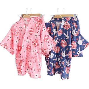 Kawaii Sakura Coelho Kimono Robe Shorts Pijamas Define Verão 100% Algodão Japonês Yukata Bathrobes Sleepwear 210809