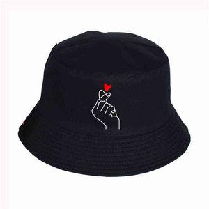 Finger Heart Print Bucket Hats Summer pop harajuku Women Men fisherman hat Outdoor sunshade cap fishing hat Y220301