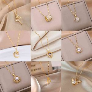 Zircon Crystal Pendant Clavicle Chain Necklace For Women No Fade Stainless Steel Jewelry Female Wedding Party Accessories