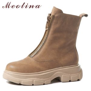 Meotina جلد طبيعي منصة شقة الكاحل أحذية النساء أحذية جولة تو سستة أحذية قصيرة الإناث الخريف الشتاء المشمش حجم 41 210520