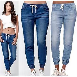 Jeans da donna primaverili e autunnali Dritto Hip-up a vita media Trend Casual Lace-up Lavato Piedi Lanterna Pantaloni sottili da donna WS38 210708