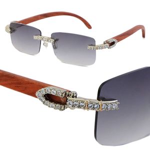 Neue randlose Vintage-Sonnenbrille aus Holz für Männer und Frauen, 2,6 Karat, Diamantbesatz, Holzbrille, Herren, berühmte UV400-Linsen-Sonnenbrille, Damenbrille, 18 Karat Gold, Größe: 57–18–140 mm