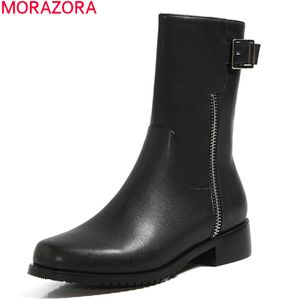 MORAZORA Stivaletti di alta qualità in vera pelle colore nero stivali da donna tacco basso punta quadrata autunno inverno scarpe da donna 210506