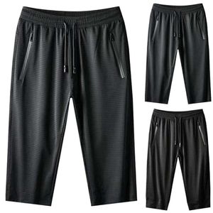Casual Black Men Plus Size Ice Silk Cropped Shorts Male Summer Sport Elastic Waist Pants X0705