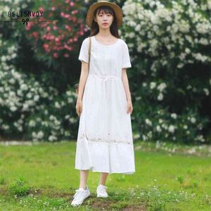 Mori Girl Floral Вышивка MIDI Платье Женщины Летнее Начало Хлопок Белье с коротким рукавом Элегантная вечеринка Фемининос Vestido Longo 210520