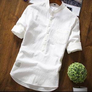 Sommar Mäns Vit Svart Grå 3/4 Ärm Mandarin Collar Linne Blusskjorta, Casual S 3XL Slim Fit Shirts Blusar för män