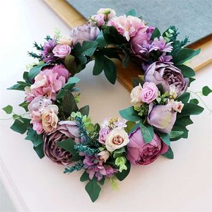 Home Door Wreath Large Garland Artificial Peony Flower Wreath Wall Hanging Door Decoration Farmhouse Deocr 211104