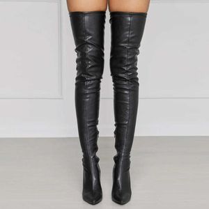 Black Sexy Over The Knee Boots Women High Heels Shoes Ladies Thigh High Boots Spring Leather Long Boots Female Shoe Plus Size 43 Y1018
