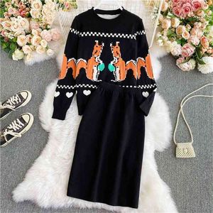 Autumn Korean Women Knitted Two Piece Set Loose Pullover Sweater Top + High Waist Skirt Suits Ladies Casual 2 Sets 210514