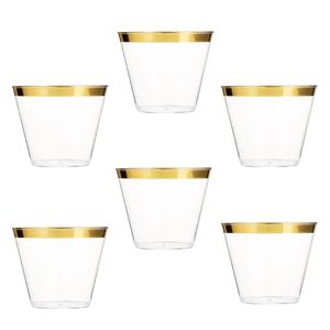 Tazze Piattini 6pcs 9OZ Bicchieri da cocktail usa e getta in plastica con bordo oro Bicchieri per feste di compleanno di nozze Addio al nubilato