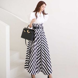 Autumn Slim Puff Sleeve Blouse+High Waist Big Swing Striped Long Skirt Two Piece Office Cloth Belt Work Suit 210529