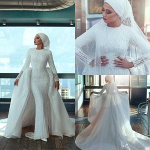 Muslimische Meerjungfrau-Hochzeitskleider mit abnehmbarer Schleppe, Stehkragen, luxuriöse Spitze, Perlen, Blumenmuster, langärmelig, arabisches Brautkleid, Vestidos de Novia