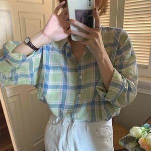 Vintage Plaid Lady Lapel Oversize All Match Retro Stylish Chic Loose Gentle Casual Korean Tops Shirts 210525