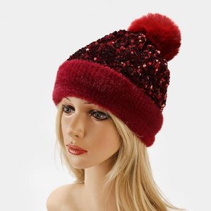 Beanie Skull Caps Winter Knitted Beanies Hats Women Beanie Sequins Removable Hair Ball Shiny No Brim Hat Bonnet Cap