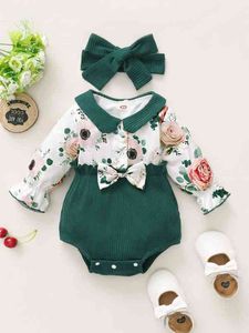 Baby Floral Print rack Bow Front Wodysuit с повязкой она