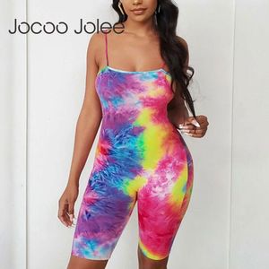 Fashion Sexy Spaghetti Strap Colorful Tie Tye Jumpsuits Casual Bandage One Piece Conjuntos Curto Jogger Tracksuit 210428