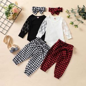 Cute Fall Winter Baby Odzież Zestawy Dziewczyna Topy i Spodnie Garnitur Fresh Siatki Z Długim Rękawem Pibbed Bawełny Romper + Plaid Długie spodnie z opaską