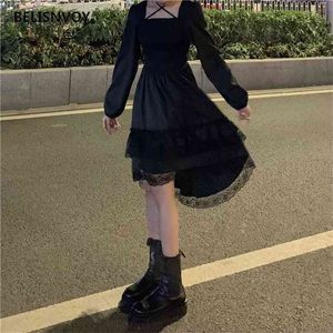 Japoński Lolita Style Sukienka Kobiety Kwadrat Kołnierz Księżniczka Czarne Nieregularne Suknie Wysokiej Talii Gotyckie Koronki Ruffles Party Vestidos 210520