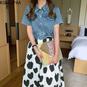 KOREJPAA Mulheres Vestidos Conjuntos Coréia Chic Verão Retro Lapela De Bolso Single-Breasted Denim Jacket e cintura alta Saia do amor terno 210526