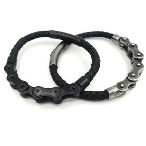 JLN Locomotive Chain Bracelet Bangle Estilo Punk Rock Aço Inoxidável Moto Biker Chain Couro PU Pulseiras Masculinas