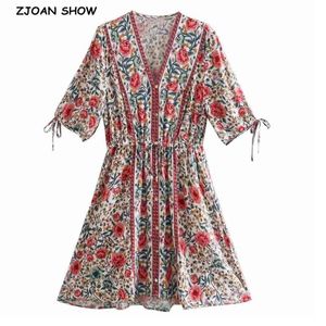 Bohemia Kontrast Renk Çiçek Baskı Kısa Yaz Boho Elbise Tatil Kadın Düğmesi V Boyun Ayar Bel Kollu Elbiseler Plaj 210429