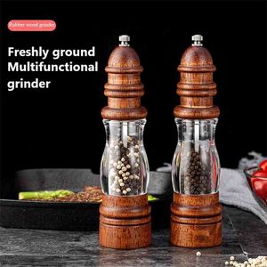 8inch Manual Pepper Grinder Adjustable Household Crushed Sea Salt Wood Lighthouse Mill Spice Bottle 210611