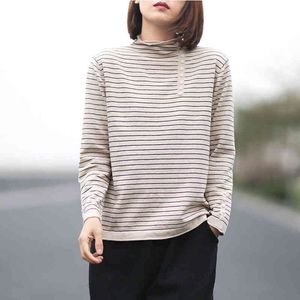 Johnature Outono Inverno Moda All-Match Listrado Turtleneck Bottoming Sweater Botão Simples Mulheres Pullovers Sweater 210521