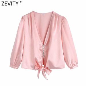 Zevity Women Elegant V Neck Hem Bowknot Casual Short Shirt Female Pleats Puff Sleeve Kimono Blouse Roupas Chic Satin Tops LS9214 210603