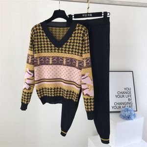 Knitted Tracksuit Houndstooth 2 Piece Set Autumn Women's Pullover Sweater Top + Long Pants Two Sweatshirts Suit 210514