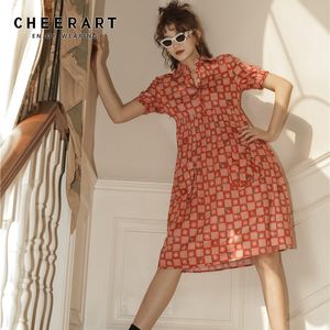 Rotes Sommer-langes Kleid mit kariertem Kragen, kurze Ärmel, Blumen-Gingham-A-Linie, knielang, mit Taschen 210427