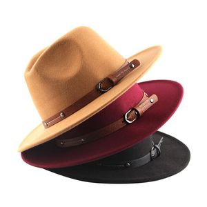 Skąpy bruchy kapelusze 2021 Klasyczny Brytyjski Fedora Kapelusz Mężczyźni Kobiety Imitacja Woolen Zima Solidna Kolor Felk Moda Jazz Chapeau Hurtownie