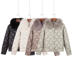 Kvinnor Vinter Tunn Down Coats Fashion Slim Plaid Långärmad Singel Breasted Med Real Fur Warm Ultra Light Jackor 210525