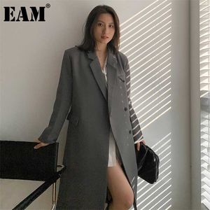 [EAM] Женские карманы серый длинный большой размер Blazer, зубчатая рукава свободная подходящая куртка мода весна осень 1dd5532 211006