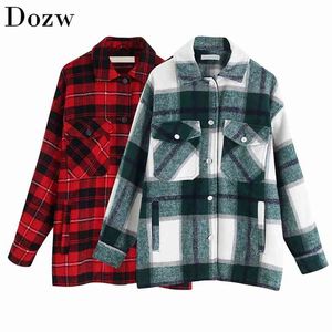 Women Plaid Jackets Coat Elegant Ladies Turn Down Collar Wool Blend Coats Long Sleeve Autumn Winter Warm Female Outwear 210515