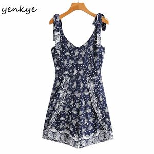 Vintage Print Women Jumpsuit Sexig Ärmlös V Neck Holiday Sommar Jumpsuits Kort Playsuit Casual Monos Mujer 210430