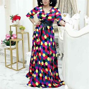 African Long Dresses For Women Maxi Party Dot Print V Neck Half Sleeve High Waist Floor Length Elegant Evening Night Wear Dress 210510